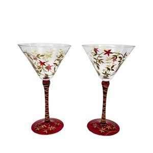 Vintage Pier One Imports Red Stem & Base Gold Leaf Martini Glasses‎ Hand Blown